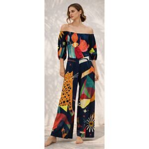 Farm Rio Anthropologie Jumpsuit XS Petite Off Shoulder Wide Leg